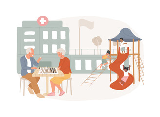 Fototapeta premium Community facilities isolated concept vector illustration. Public places, health centre, group of seniors, retirement home, kids playground, cultural activity, assisted nursing vector concept.