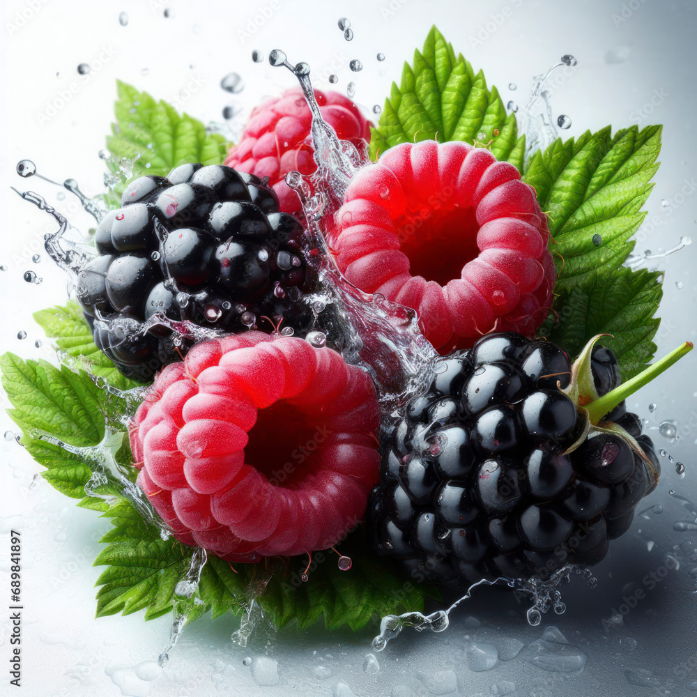 Poster fresh raspberry and blackberry with water splash isolated on white background. ai generative