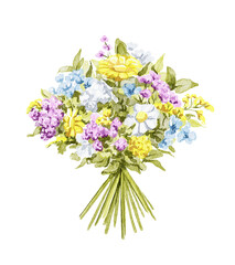 Floral bouquet with variety of wild multicolored flowers isolated on white background. Watercolor hand drawn illustration sketch