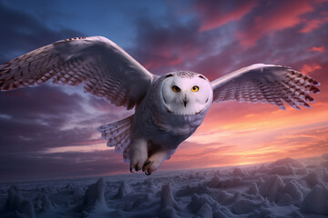 A Snowy Owl in Flight Against a Winter Twilight Sky