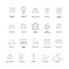 Icons for travel and tourism, set with editable strokes. Vacation and hotel icon set featuring customizable strokes.