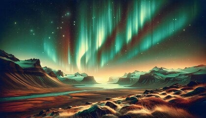 Beautiful landscape scenery with aurora borealis in the sky, nature background, wallpaper