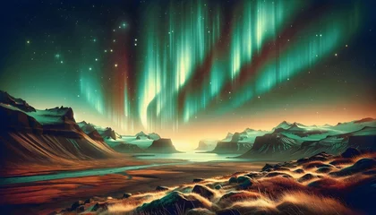 Poster Beautiful landscape scenery with aurora borealis in the sky, nature background, wallpaper © Karlo