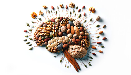 Nuts and seeds arranged in the shape of a human brain on a clear white background, symbolizing a healthy lifestyle choice - obrazy, fototapety, plakaty