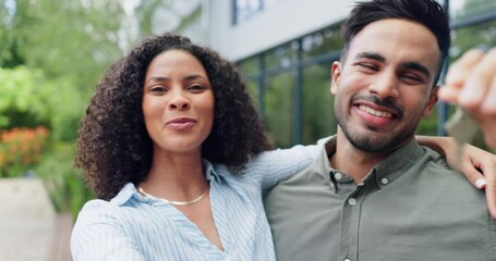 Face, keys and couple with real estate, selfie and influencer with investment, property and support. Portrait, man and woman with achievement, post and freedom with mortgage, profile picture and home