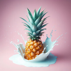 pineapple in milk splash isolated on pink background. ai generative