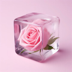 Pink rose in ice cube on a pink background. ai generative
