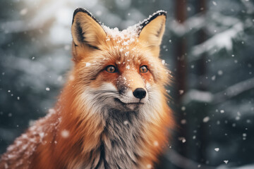 Obraz premium Close-up of a red fox in a snowy woodland