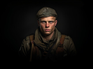Fototapeta premium Young soldier in military uniform standing and looking at camera
