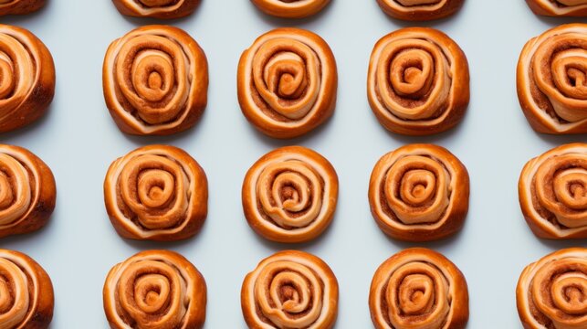 Freshly Baked Cinnamon Roll Pastry Photorealistic Horizontal Seamless Background. Crusty Pastry, Gourmet Bakery. Ai Generated Seamless Background with Aromatic Cinnamon Roll Pastry Arranged in lines.