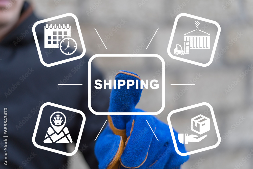 Poster man or worker using virtual interface sees word: shipping. concept of freight shipping in the intern