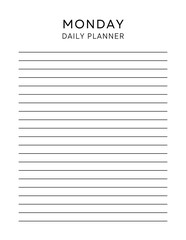 Monday daily planner page. Notebook pages for notes and goals. planner page template.