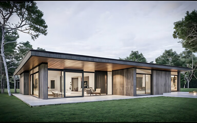 Fototapeta na wymiar Modern minimalist ranch style private house with mono pitch roof. generative ai