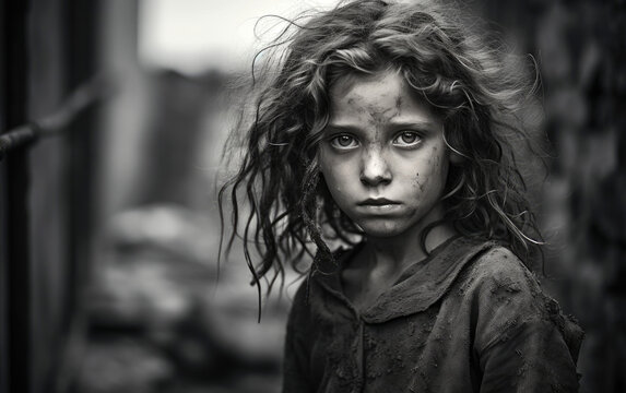 A child in a war-torn area, eyes speaking a thousand words, black and white photo