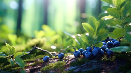 Forest patterns with blueberries - obrazy, fototapety, plakaty