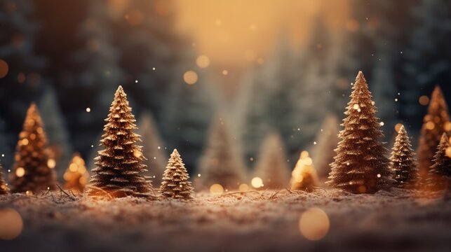 Ultra-realistic image of Christmas trees with a defocused natural backdrop blurred bokeh - AI generative