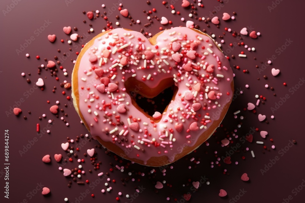 Poster donut in the shape of a heart. background with selective focus and copy space