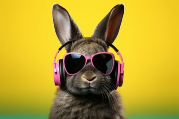 Cool bunny in headphones with selective focus and copy space