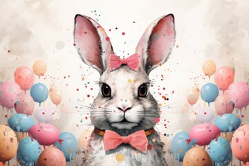 Watercolor drawing of the Easter bunny. Background with selective focus and copy space