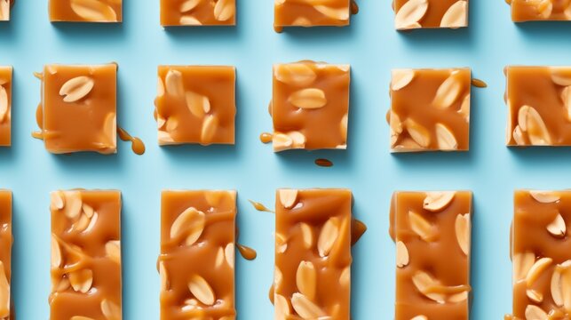 Sweet Peanut Brittle Candy Photorealistic Horizontal Seamless Background. Sweet Dessert From Confectionery. Ai Generated Seamless Background with Delicious Peanut Brittle Candy Arranged in lines.