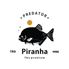 vintage retro hipster piranha logo vector outline silhouette art icon