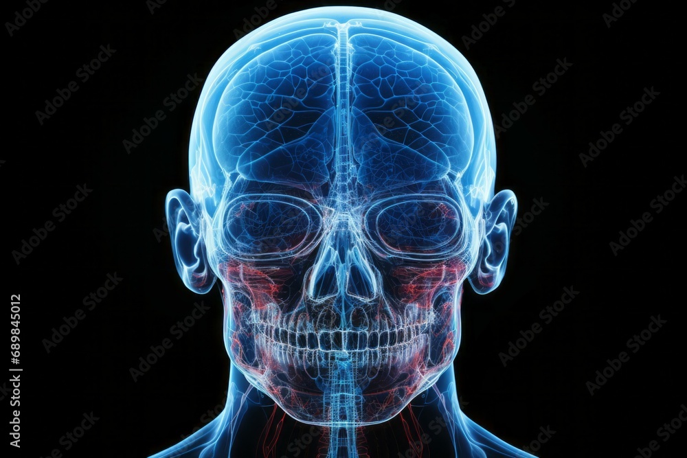 Poster skull hologram study in science. background with selective focus and copy space