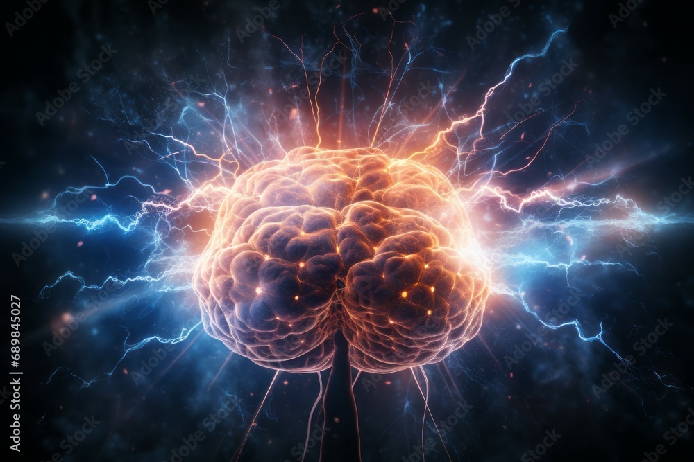 Poster hologram of the brain. background with selective focus and copy space