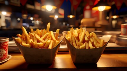 French fries in a metal bowl on the counter of a fast food restaurant - obrazy, fototapety, plakaty