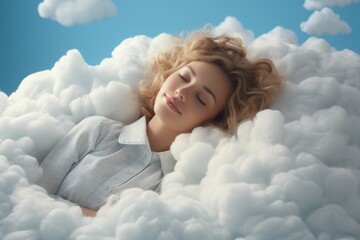Cute young beautiful woman sleeping on a cloud. Portrait with selective focus and copy space for text