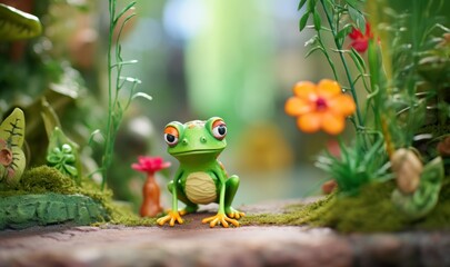 toy frog in the grass - obrazy, fototapety, plakaty