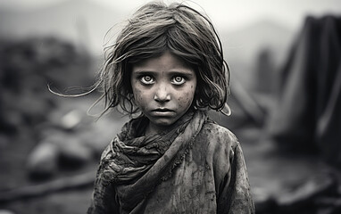 A child in a war-torn area, eyes speaking a thousand words, black and white photo