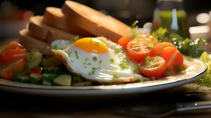 Breakfast with fried egg, bread, and vegetables on a wooden table