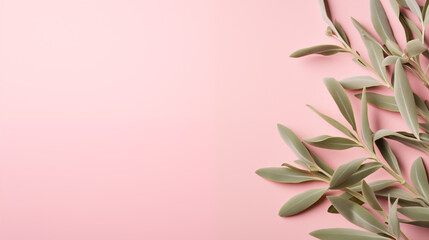 Top view of frame leaves of eucalyptus, sage, sea buckthorn of gray-green color on a soft pink background. Spring mood concept design for wedding. Banner with copy space for placing advertising text. 