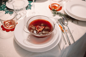 Red borscht with ravioli stuffed with sauerkraut and mushrooms and other traditional Polish Christmas Eve dishes