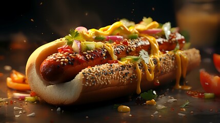 A Delicious Hot Dog with Mustard, Ketchup, and Pickles