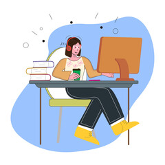 woman working on laptop hand drawing vector illustration, lady with laptop isolated on white background