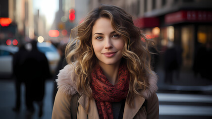 Fototapeta premium headshot portrait of beautiful woman outside with a cheerful expression on her face. big city career driven woman