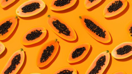 Fresh Organic Papaya Fruit Photorealistic Horizontal Seamless Background. Healthy Vegetarian Diet. Ai Generated Seamless Background with Delicious Juicy Papaya Fruit Arranged in lines.