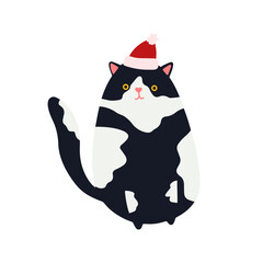 Funny Christmas cat. Drawing of cute cats with garland, Christmas tree, gift box. Design suitable for banner, invitation, card, greeting, banner, cover
