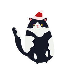 Funny Christmas cat. Drawing of cute cats with garland, Christmas tree, gift box. Design suitable for banner, invitation, card, greeting, banner, cover