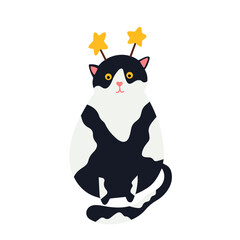 Funny Christmas cat. Drawing of cute cats with garland, Christmas tree, gift box. Design suitable for banner, invitation, card, greeting, banner, cover