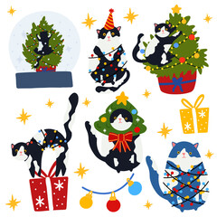 Naklejka premium Funny Christmas cat set. Collection drawing of cute cats with garland, Christmas tree, gift box. Design suitable for banner, invitation, card, greeting, banner, cover