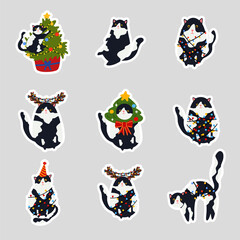 Funny Christmas cat. Drawing of cute cats with garland, Christmas tree, gift box. Design suitable for banner, invitation, card, greeting, banner, cover