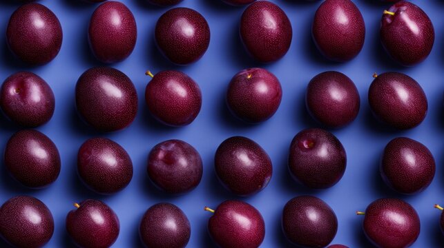 Fresh Organic Plum Fruit Photorealistic Horizontal Seamless Background. Healthy Vegetarian Diet. Ai Generated Seamless Background with Delicious Juicy Plum Fruit Arranged in lines.