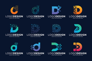 Collection of letter D logo design with digital connection concept