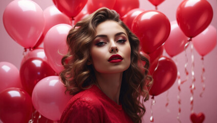 Concept of Valentine's Day is personified by  beautiful modern girl on background of balloons. On this day, everyone is immersed in a romantic atmosphere, celebrating the most love-filled day of year