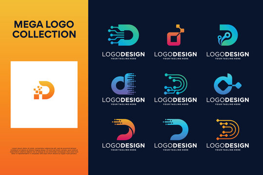 Set of creative letter D logo design. Abstract symbol for digital technology