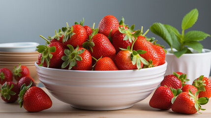 Red ripe strawberry in the white bowl, light background