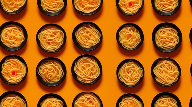 Delicious Ramen Noodles Photorealistic Horizontal Seamless Background. Asian Cousine Traditional Meal. Ai Generated Seamless Background with Delicious Instant Ramen Noodles Arranged in lines.