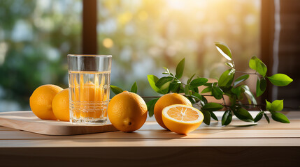 Glass of fresh citrus juice on the table near a plate with fresh fruits, soft focus background